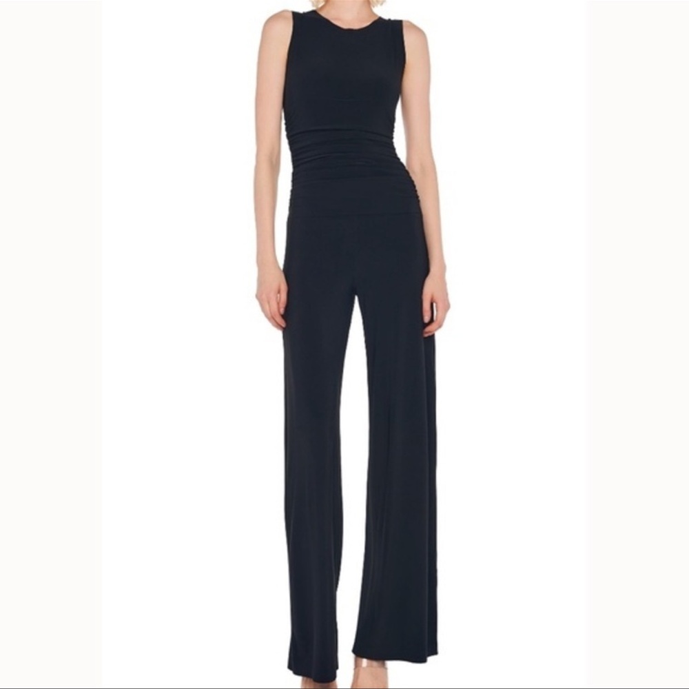 Norma Kamali black sleeveless jumpsuit with ruched waist detail | size small